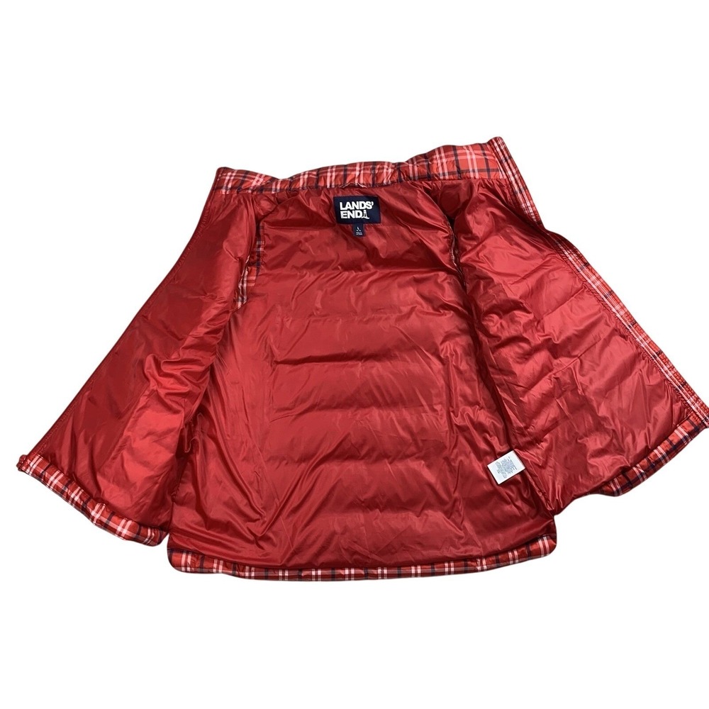 Lands End Womens Down Puffer Vest Large Red Plaid Quilted Zip Up Snap Pockets - Picture 6 of 10